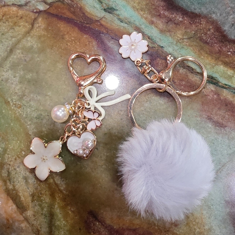 White Flower Butterfly Bag Backpack Purse Charm Keychain with Pom Pom
